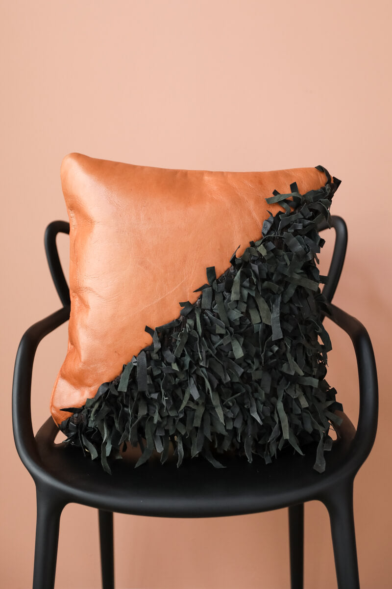 Geometric Shag Leather Decorative Pillow - Chestnut - 18 x 18" inches