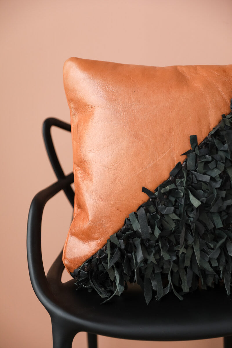 Geometric Shag Leather Decorative Pillow - Chestnut - 18 x 18" inches