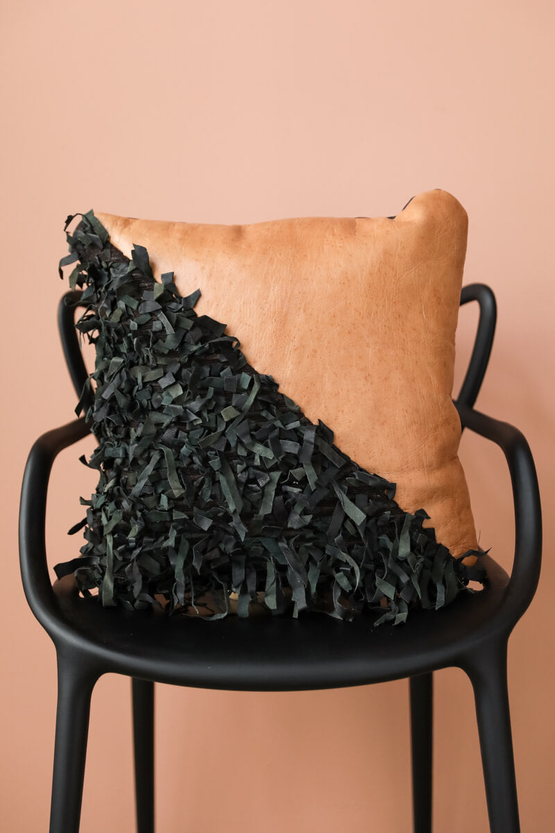 Geometric Shag Leather Decorative Pillow - Desert Sand - 18 x 18" inches
