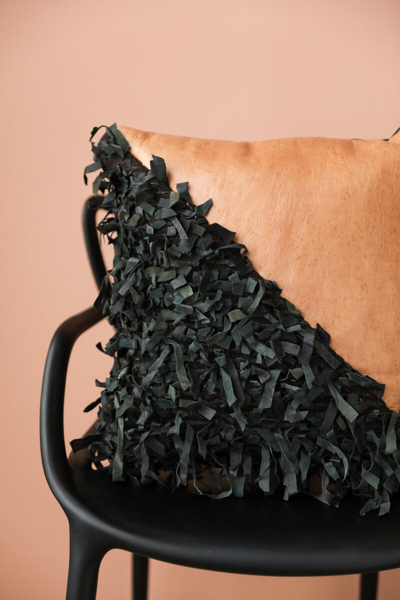 Geometric Shag Leather Decorative Pillow - Desert Sand - 18 x 18" inches