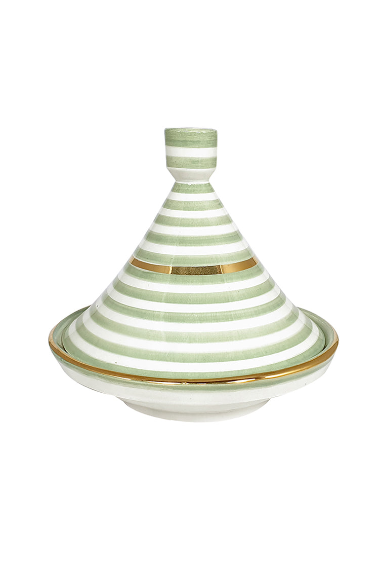 Hand-painted Almond Green + 12 karat Gold Stripe Decorative Ceramic Tagine - Chabi Chic