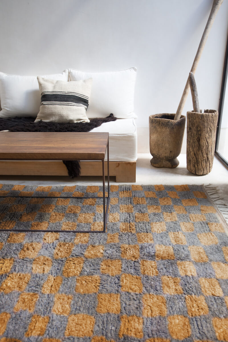 Made-to-Order Slate and Turmeric Checkered Moroccan Wool Rug - OUIVE