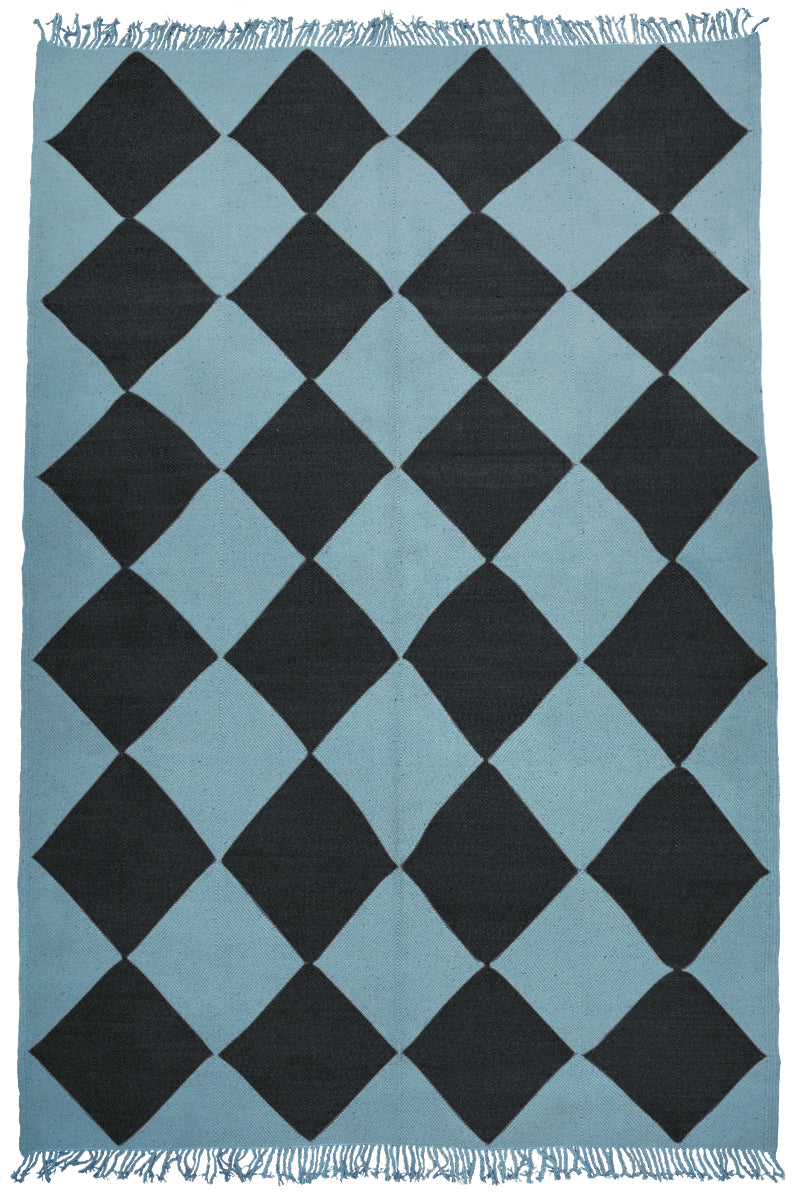 DIAMOND Made-to-order Light Blue and Black Checker Zanafi Moroccan Wool Rug