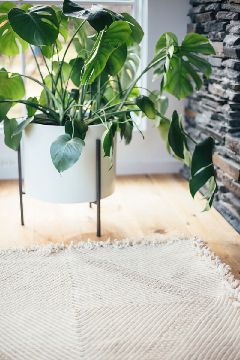 Champagne Blush + White Made-to-order Zanafi Moroccan Wool Rug close from floor angle