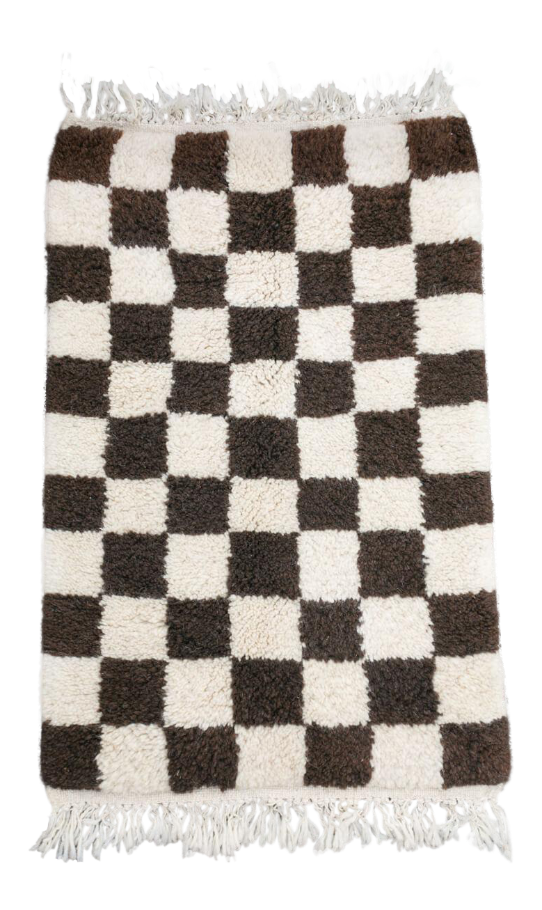 White & Brown Checker Beni Mini Moroccan Wool Rug 2x3 ft