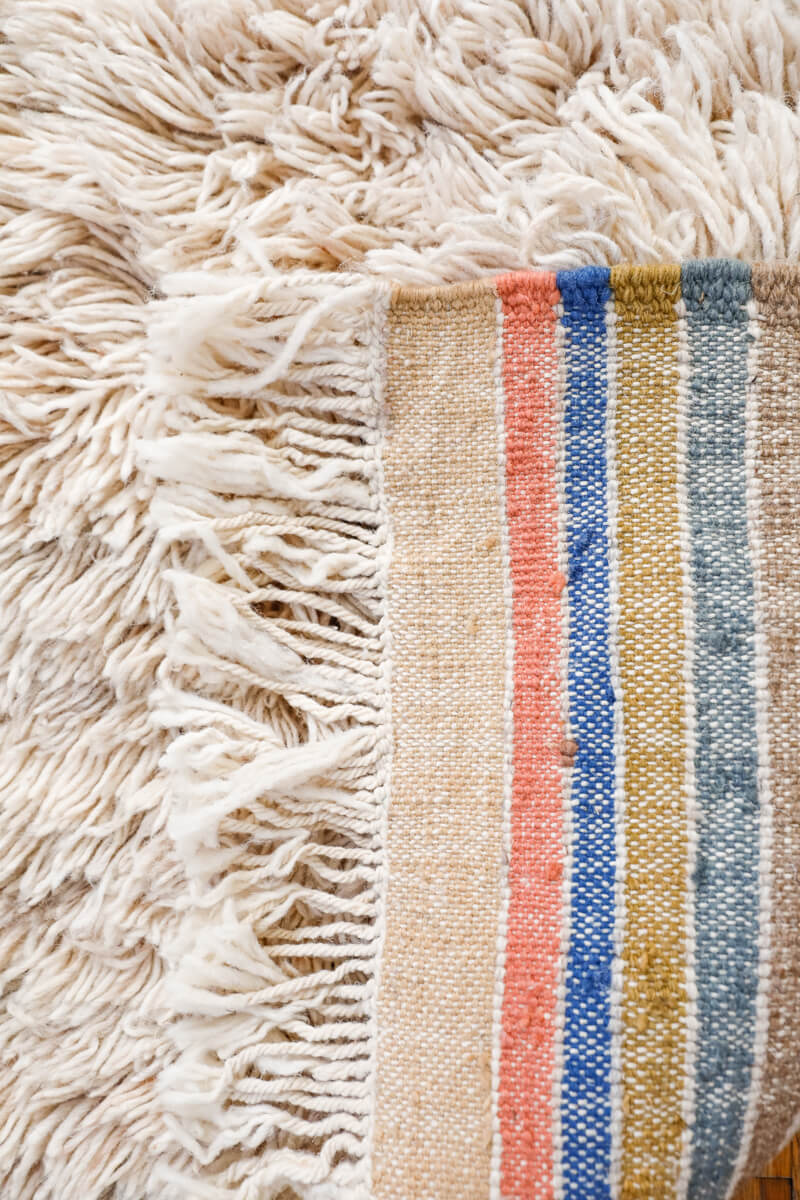 Made-to-order Ultra Shag Reversible Moroccan Wool Rug - White w. Multicolor Stripe Back