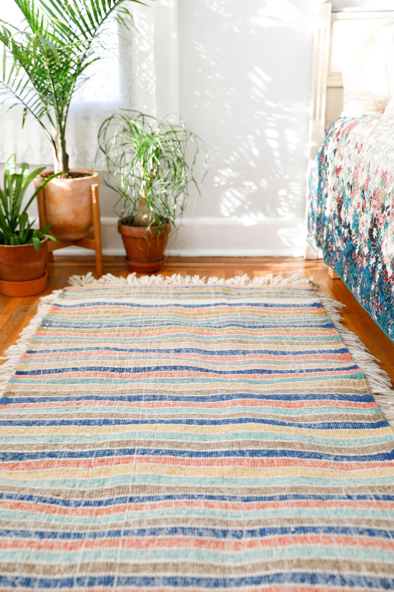 Made-to-order Ultra Shag Reversible Moroccan Wool Rug - White w. Multicolor Stripe Back