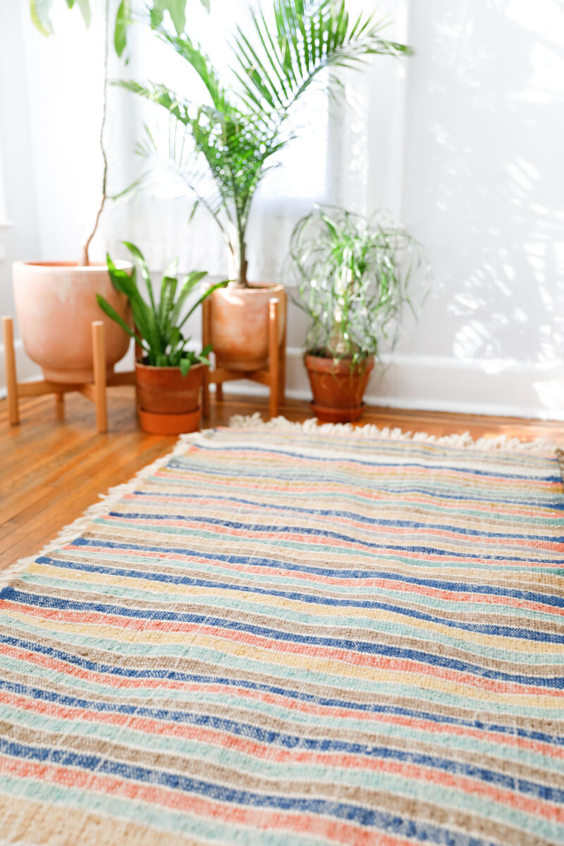 Made-to-order Ultra Shag Reversible Moroccan Wool Rug - White w. Multicolor Stripe Back