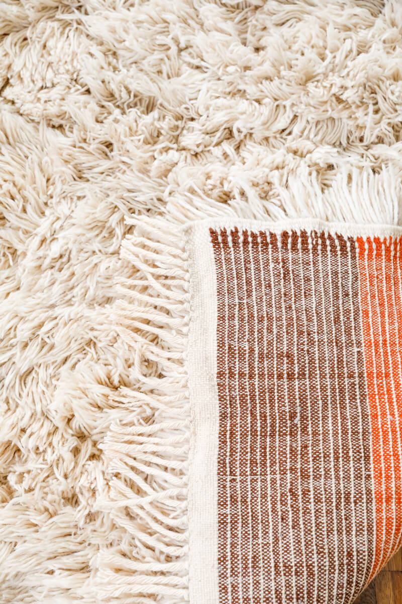 Made-to-order Sunset Reversible Shag Moroccan Wool Rug - Natural White with Striped Back