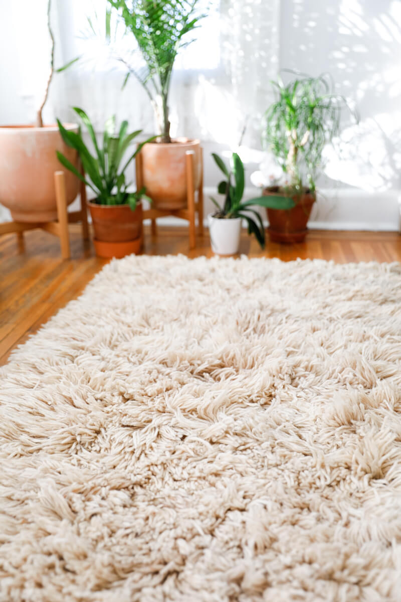 Made-to-order Sunset Reversible Shag Moroccan Wool Rug - Natural White with Striped Back