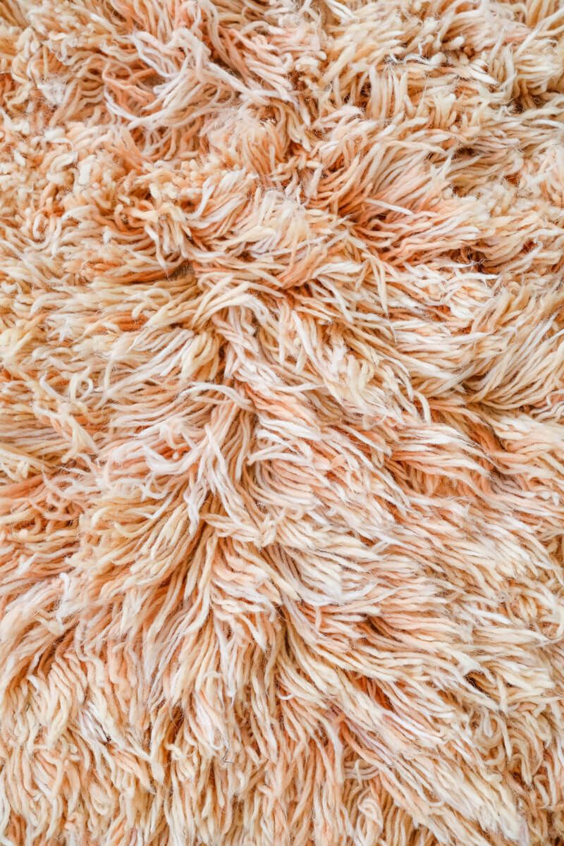 Reversible Peach and Pink Shag Moroccan Wool Rug With Beige Striped Backside
