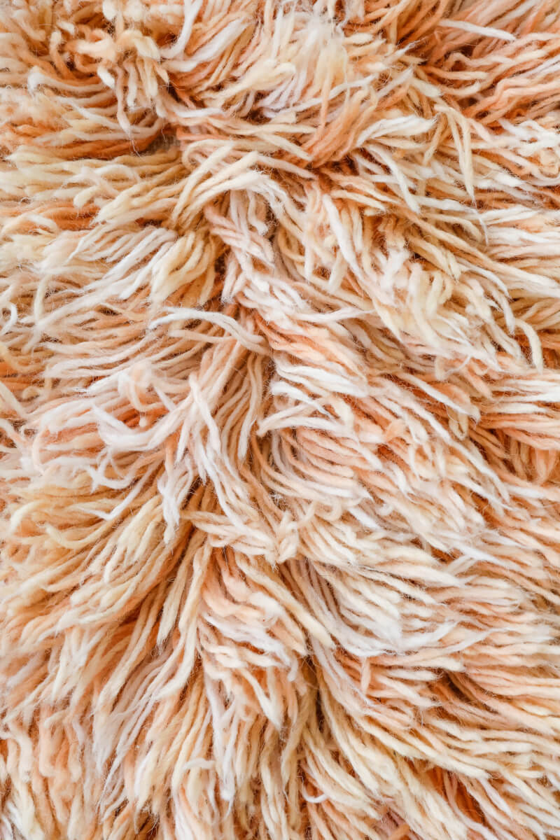 Reversible Peach and Pink Shag Moroccan Wool Rug With Beige Striped Backside