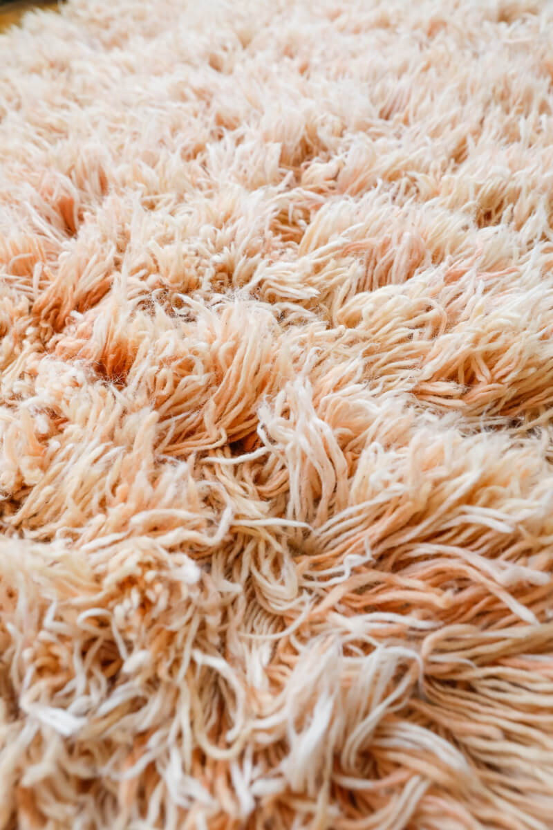 Reversible Peach and Pink Shag Moroccan Wool Rug With Beige Striped Backside