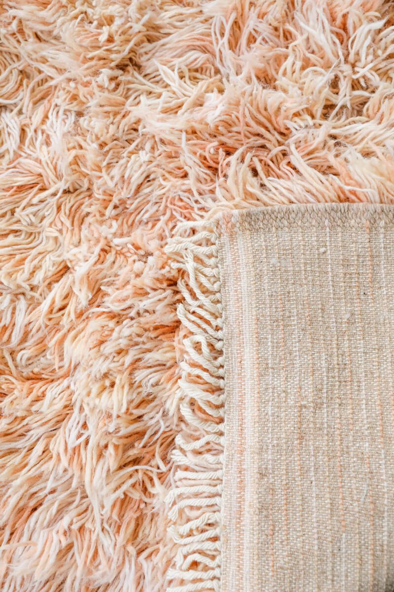 Reversible Peach and Pink Shag Moroccan Wool Rug With Beige Striped Backside