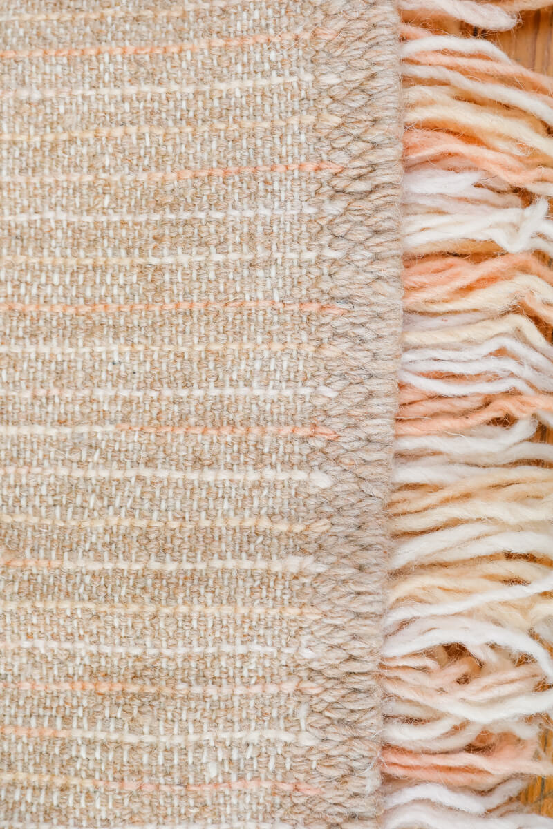 Reversible Peach and Pink Shag Moroccan Wool Rug With Beige Striped Backside