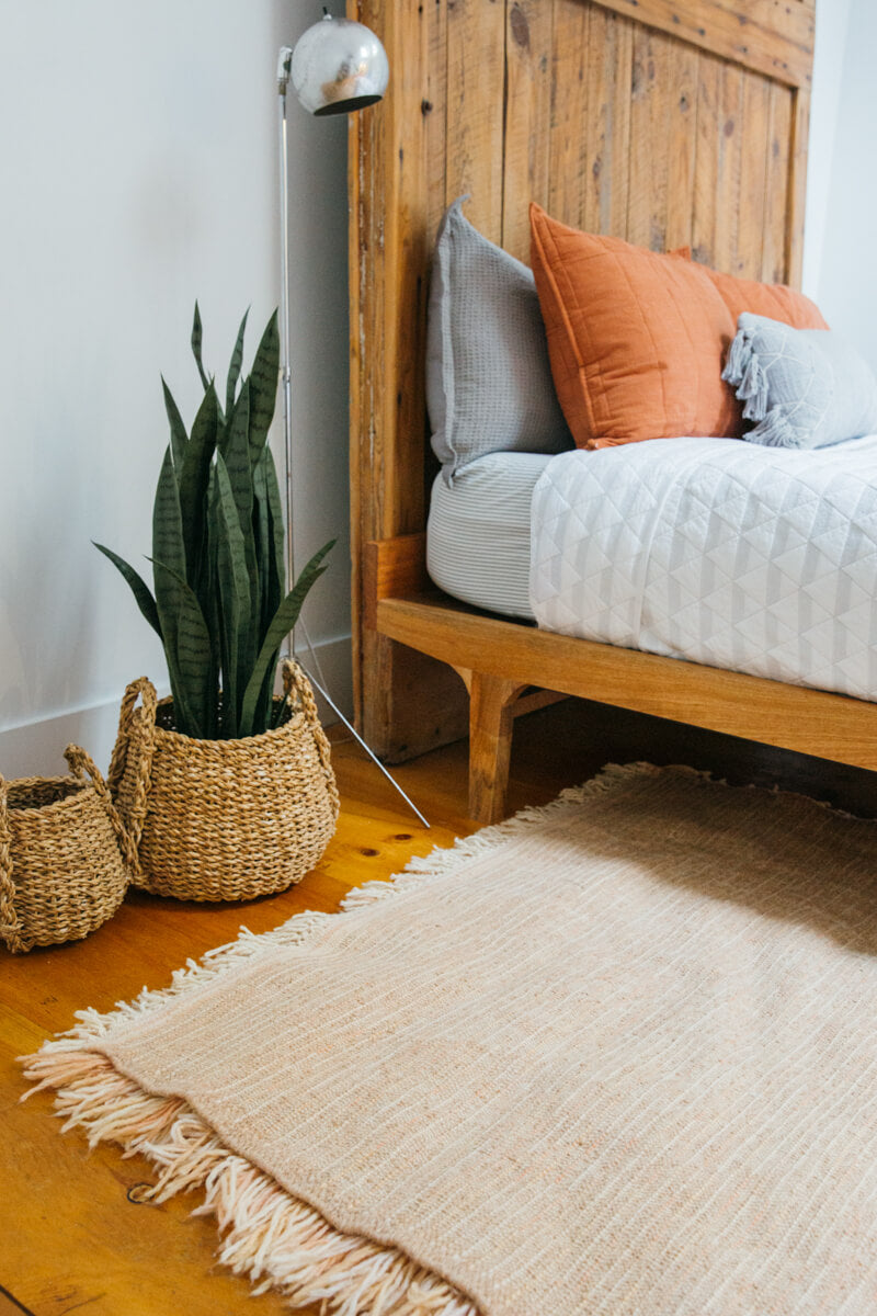 Reversible Peach and Pink Shag Moroccan Wool Rug With Beige Striped Backside