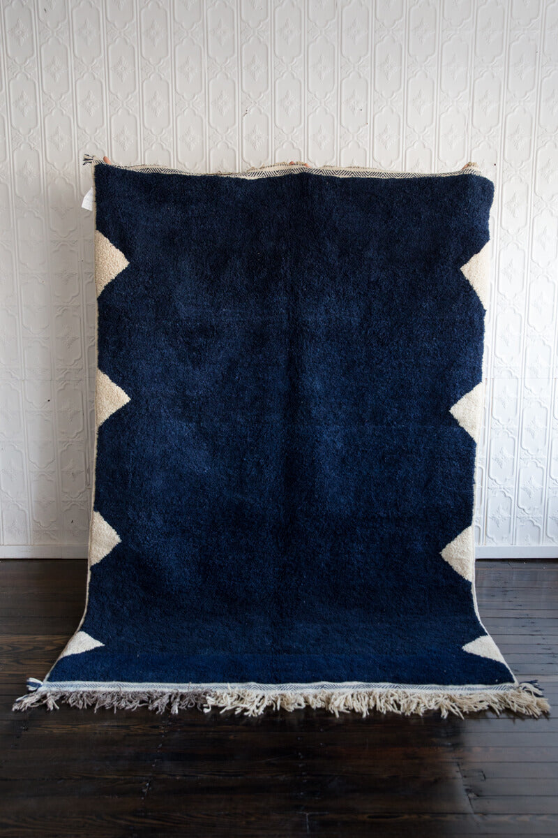 "Scouts Honor" Indigo Blue and White Contemporary Moroccan Wool Rug - 7'11" x 5'6" ft (168x150 cm)