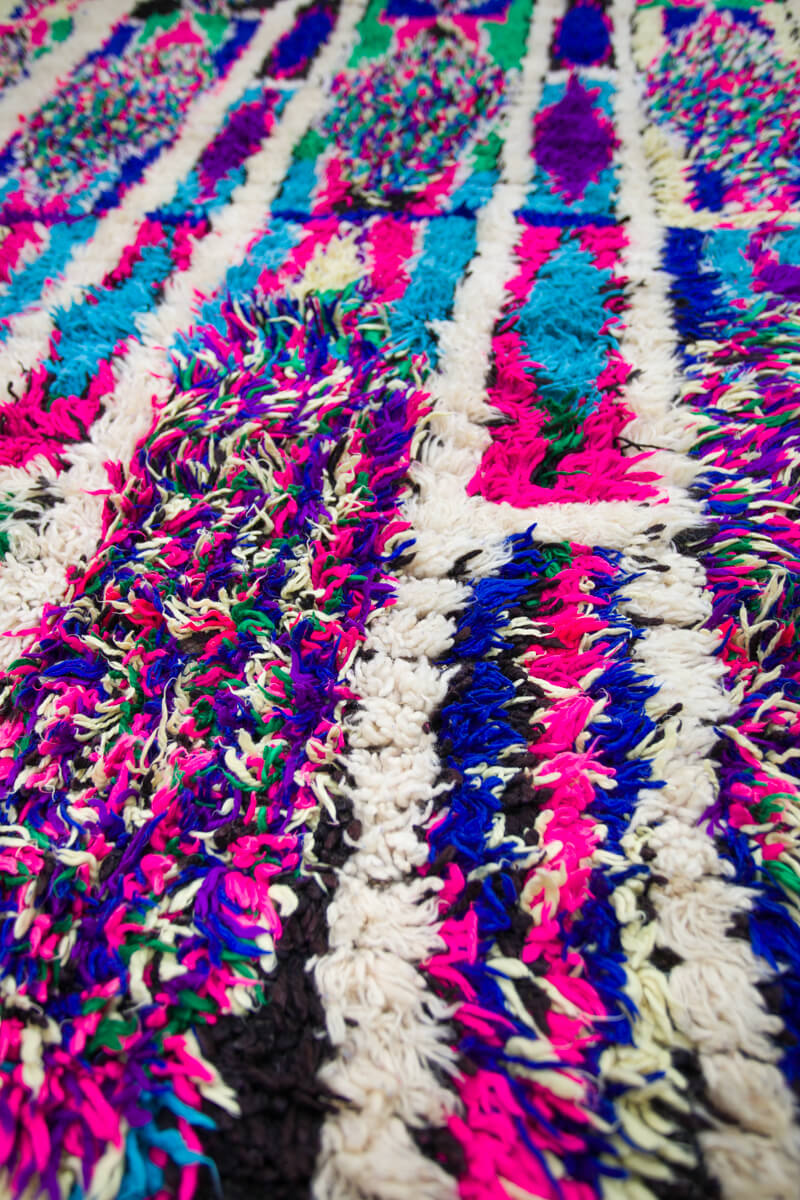 Neon Purple, Pink, Blue, Green and Ivory Azilal Moroccan Berber Accent Rug - 8’4" x 5'2"ft