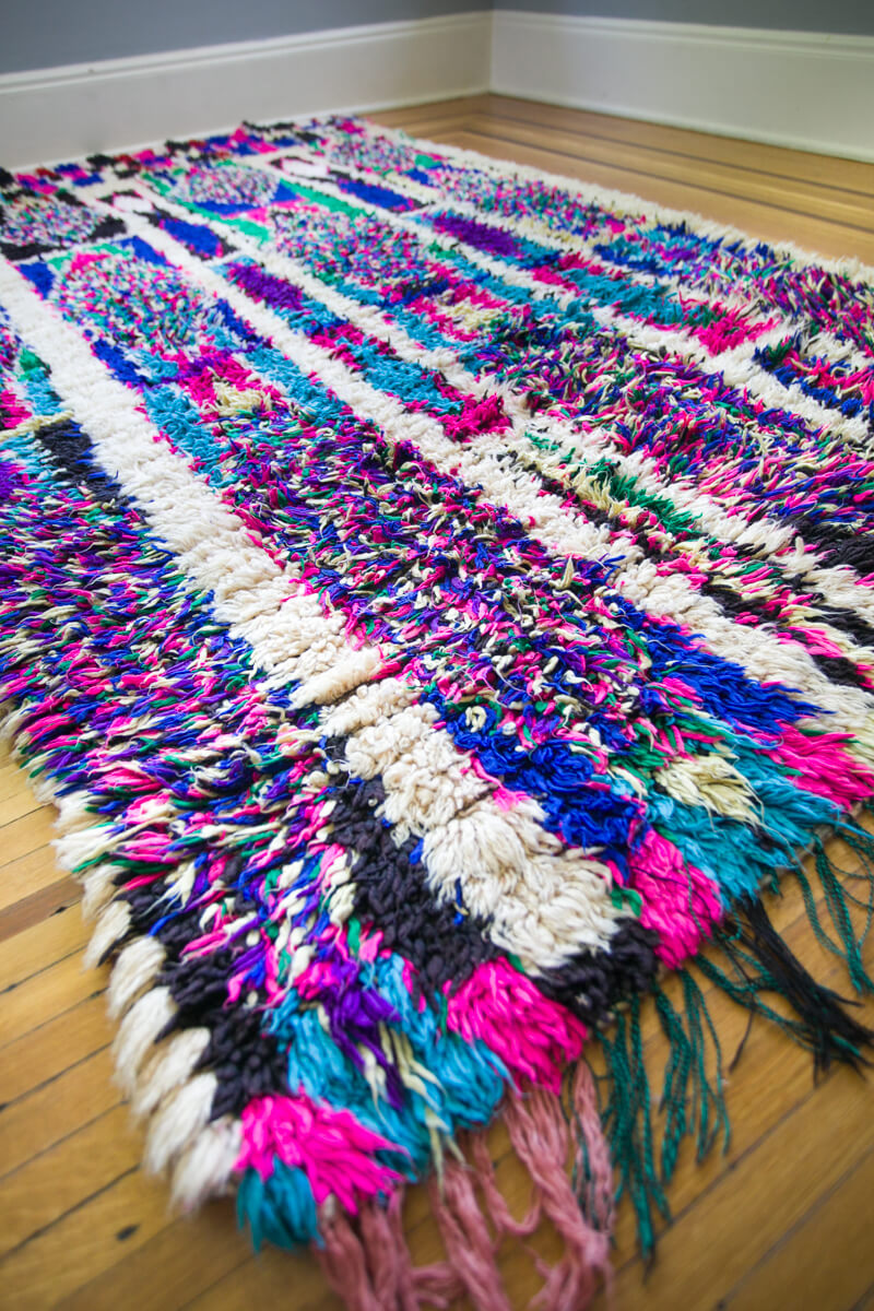 Neon Purple, Pink, Blue, Green and Ivory Azilal Moroccan Berber Accent Rug - 8’4" x 5'2"ft