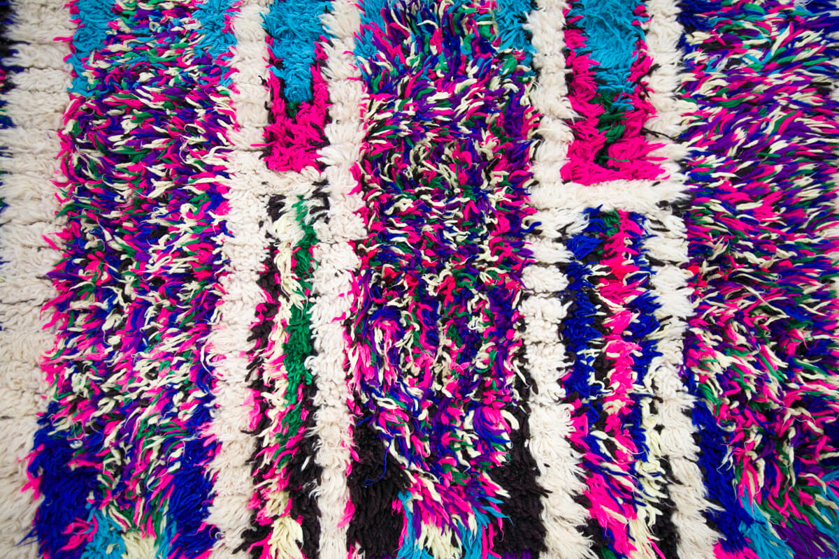 Neon Purple, Pink, Blue, Green and Ivory Azilal Moroccan Berber Accent Rug - 8’4" x 5'2"ft