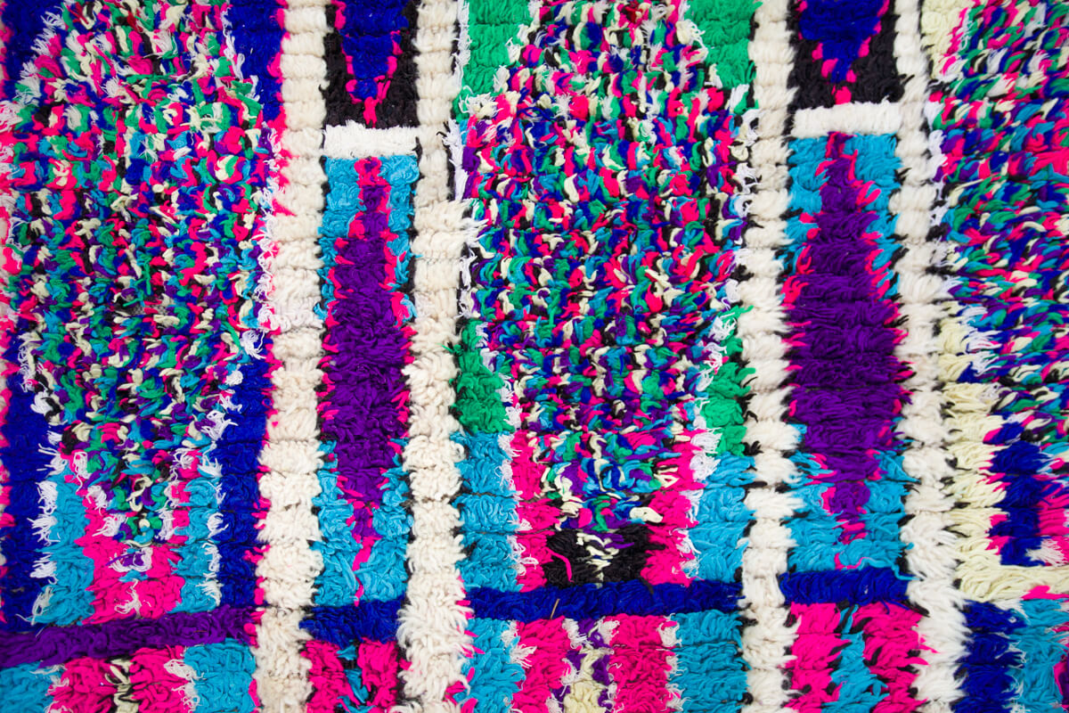 Neon Purple, Pink, Blue, Green and Ivory Azilal Moroccan Berber Accent Rug - 8’4" x 5'2"ft
