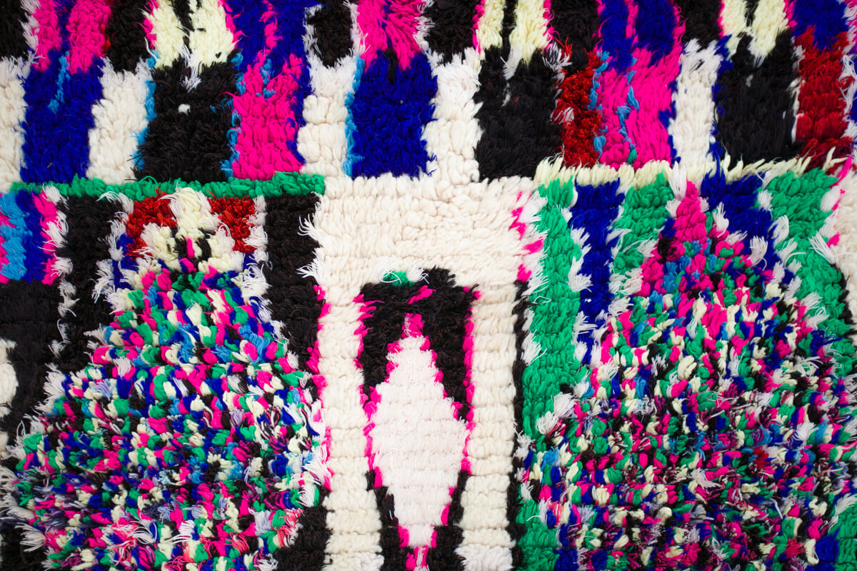 Neon Purple, Pink, Blue, Green and Ivory Azilal Moroccan Berber Accent Rug - 8’4" x 5'2"ft