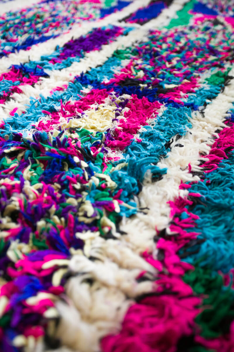 Neon Purple, Pink, Blue, Green and Ivory Azilal Moroccan Berber Accent Rug - 8’4" x 5'2"ft