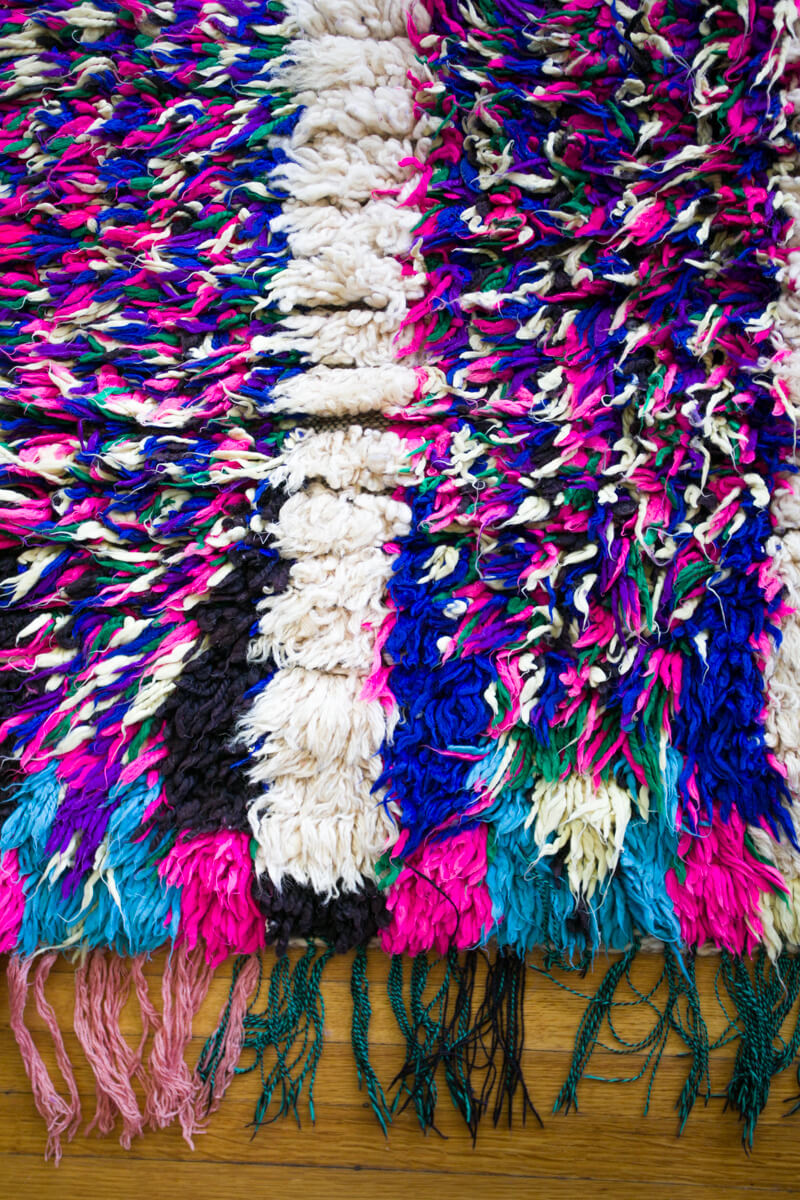Neon Purple, Pink, Blue, Green and Ivory Azilal Moroccan Berber Accent Rug - 8’4" x 5'2"ft