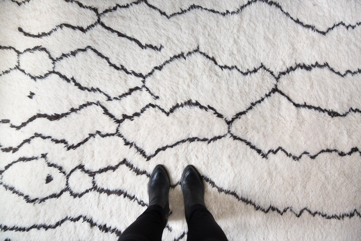 "Automata" White with Black Abstract Lines Beni Ourain Moroccan Rug - 8'9" x 5'3" (266x160cm)