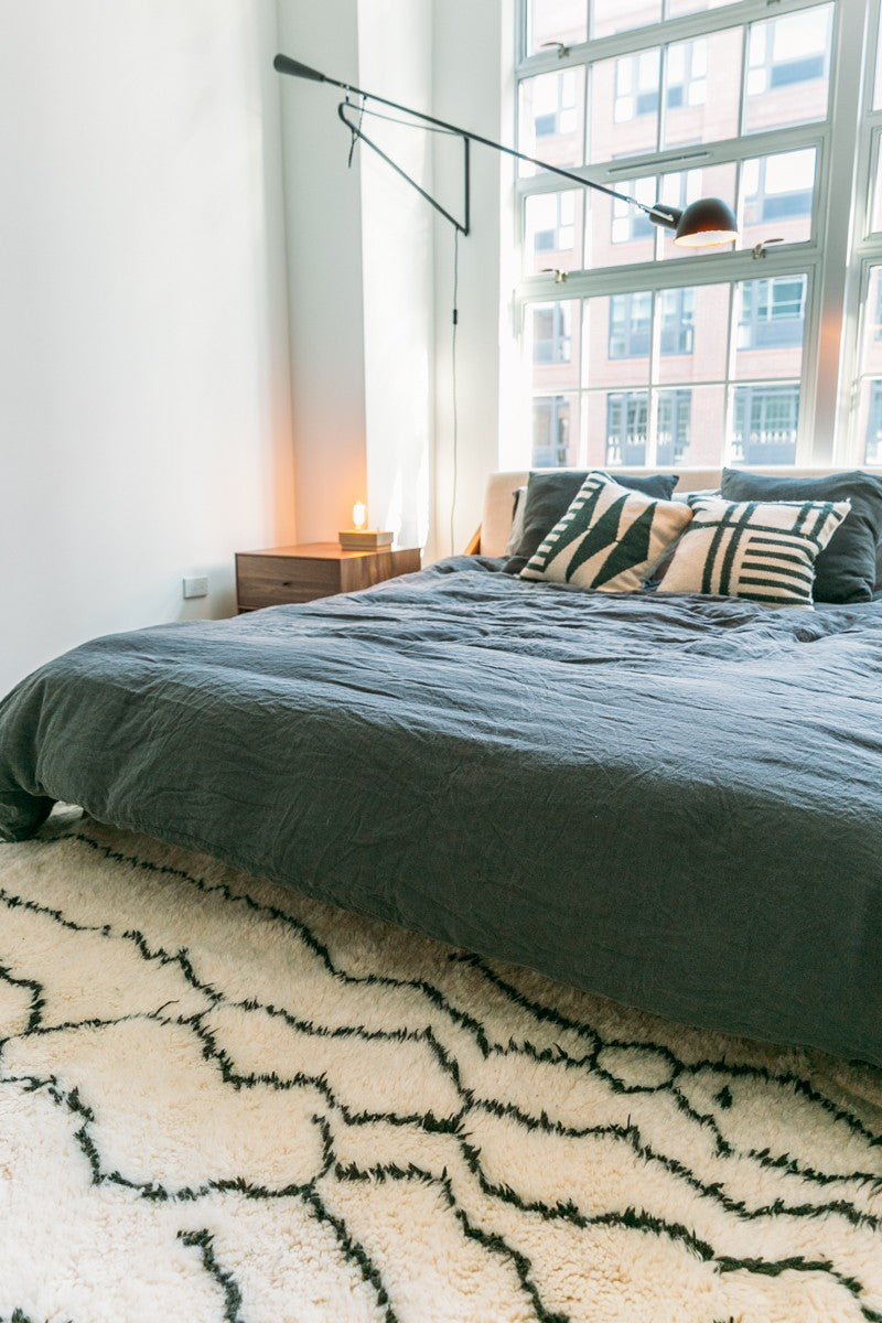 "Automata" White with Black Abstract Lines Beni Ourain Moroccan Rug - 8'9" x 5'3" (266x160cm)