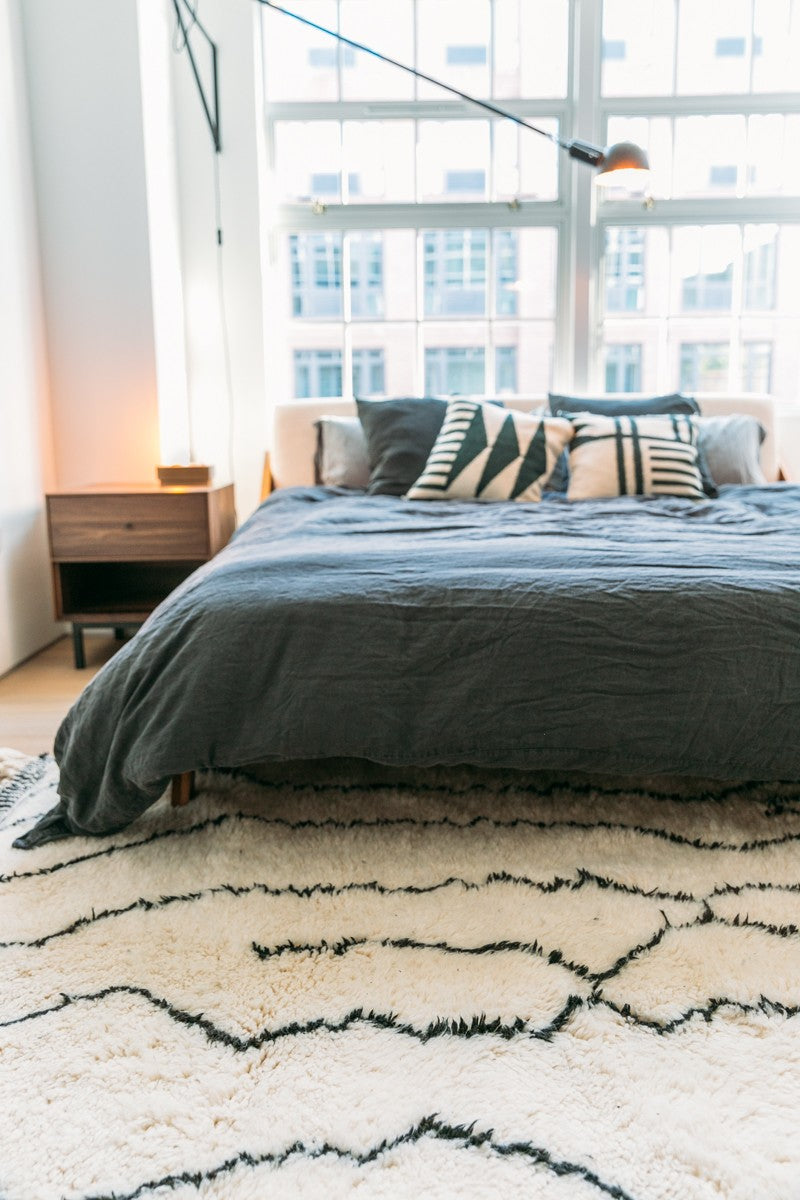"Automata" White with Black Abstract Lines Beni Ourain Moroccan Rug - 8'9" x 5'3" (266x160cm)