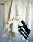 Moroccan Pom Pom Wool Blanket - Natural White with Black Stripes