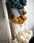 Moroccan Pom Pom Throw Blanket Cotton with Long Wool Tassels - Beige and Natural White
