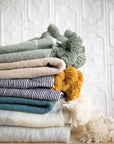 Moroccan Pom Pom Wool Throw Blanket - Ice Grey and Natural White