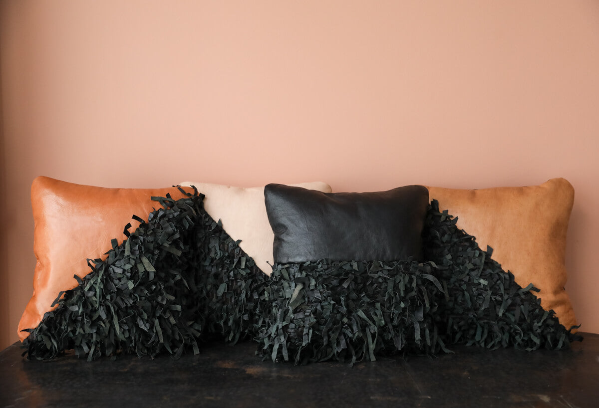 Geometric Shag Leather Decorative Pillow - Chestnut - 18 x 18" inches