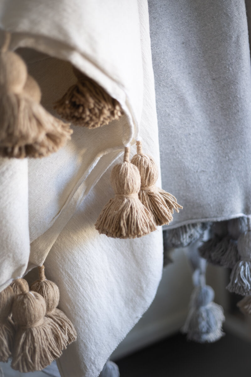Moroccan Pom Pom Blanket - White with Beige Pom-poms