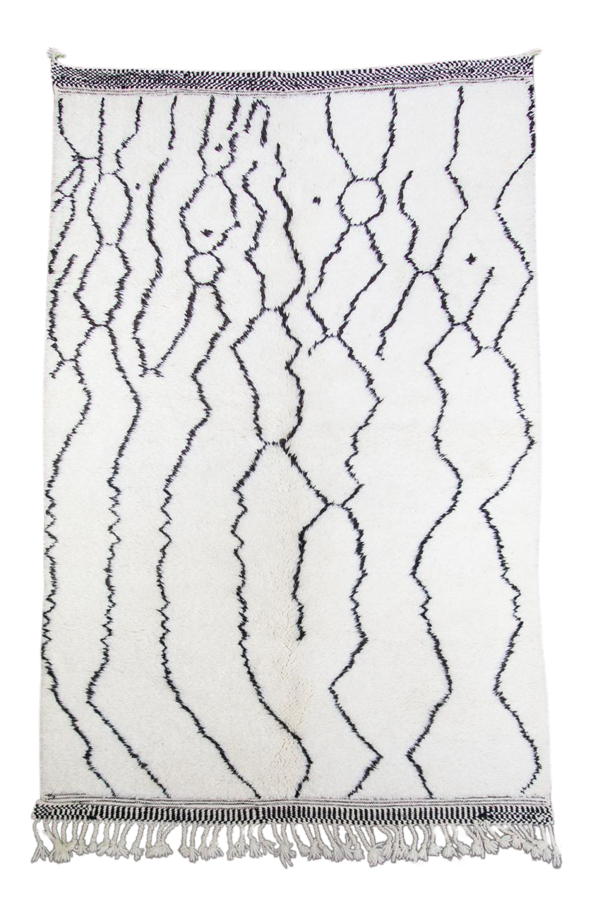 "Automata" White with Black Abstract Lines Beni Ourain Moroccan Rug - 8'9" x 5'3" (266x160cm)