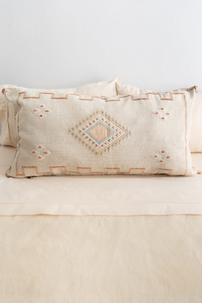 Linen Color Embroidered Moroccan &quot;Sabra Cactus Silk&quot; Lumbar Pillow - 16