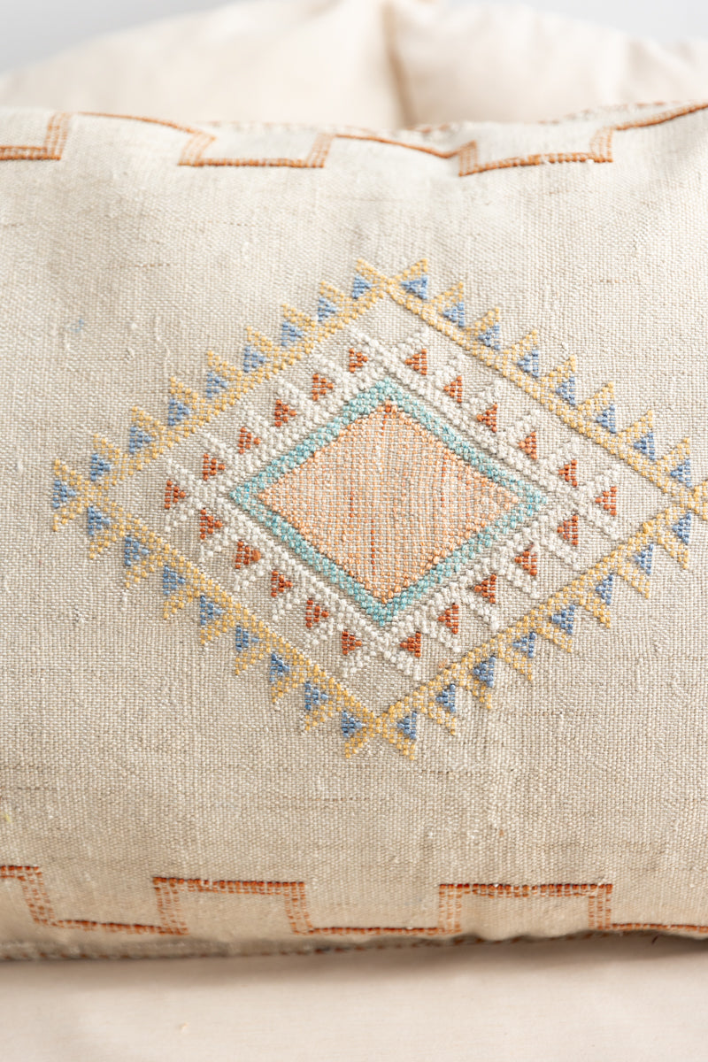 Linen Color Embroidered Moroccan &quot;Sabra Cactus Silk&quot; Lumbar Pillow - 16