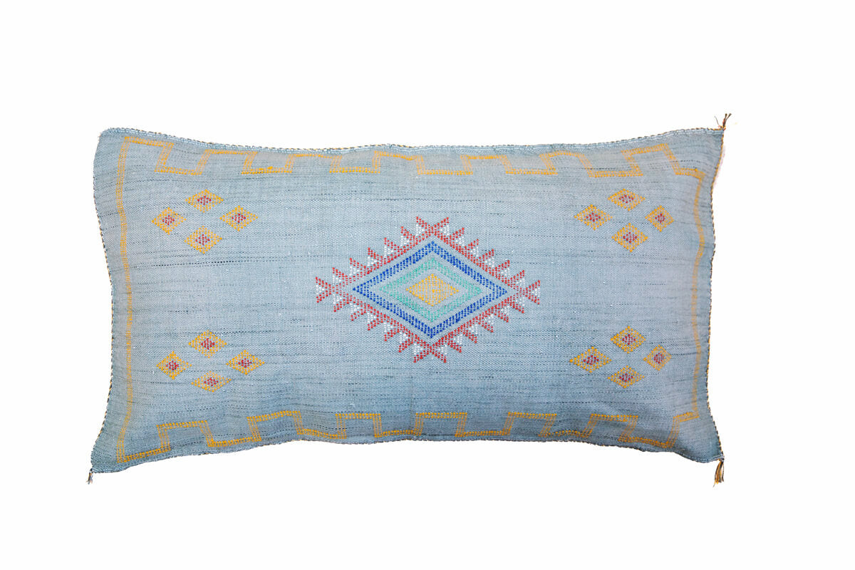 Light Denim Blue Embroidered Moroccan &quot;Sabra Cactus Silk&quot; Lumbar Pillow - 20