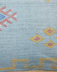 Light Denim Blue Embroidered Moroccan "Sabra Cactus Silk" Lumbar Pillow - 20