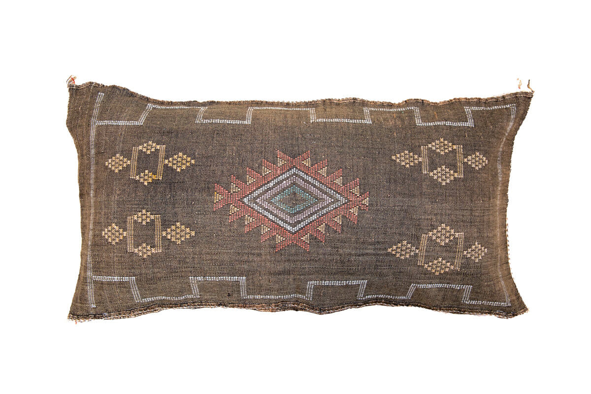 Brown Embroidered Moroccan "Sabra Cactus Silk" Lumbar Pillow - 21