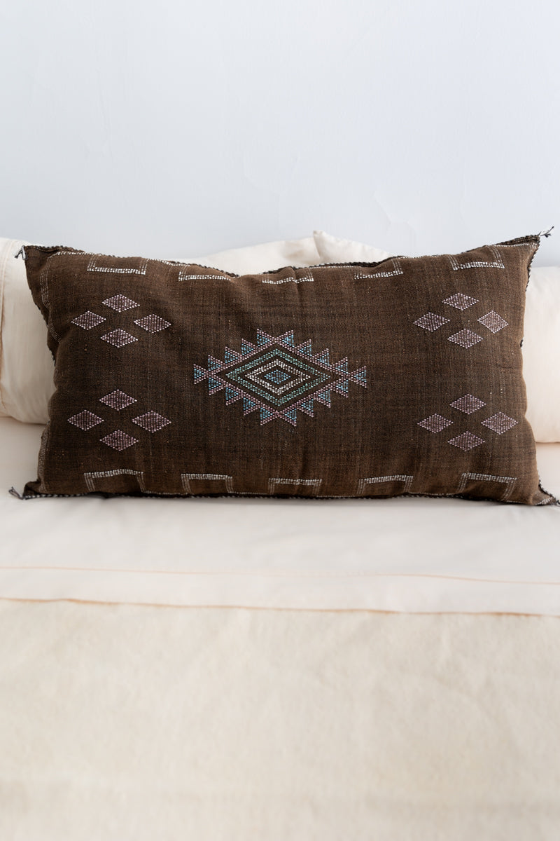Dark Chocolate Brown Moroccan Sabra Cactus Silk Lumbar Pillow - 25