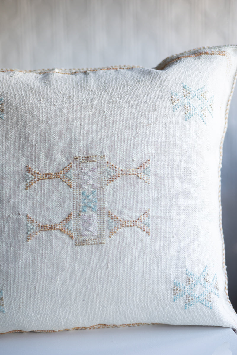 Off-White+Light Blue Embroidered Moroccan &quot;Sabra Cactus Silk&quot; Pillow - 47