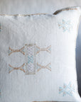 Off-White+Light Blue Embroidered Moroccan "Sabra Cactus Silk" Pillow - 47