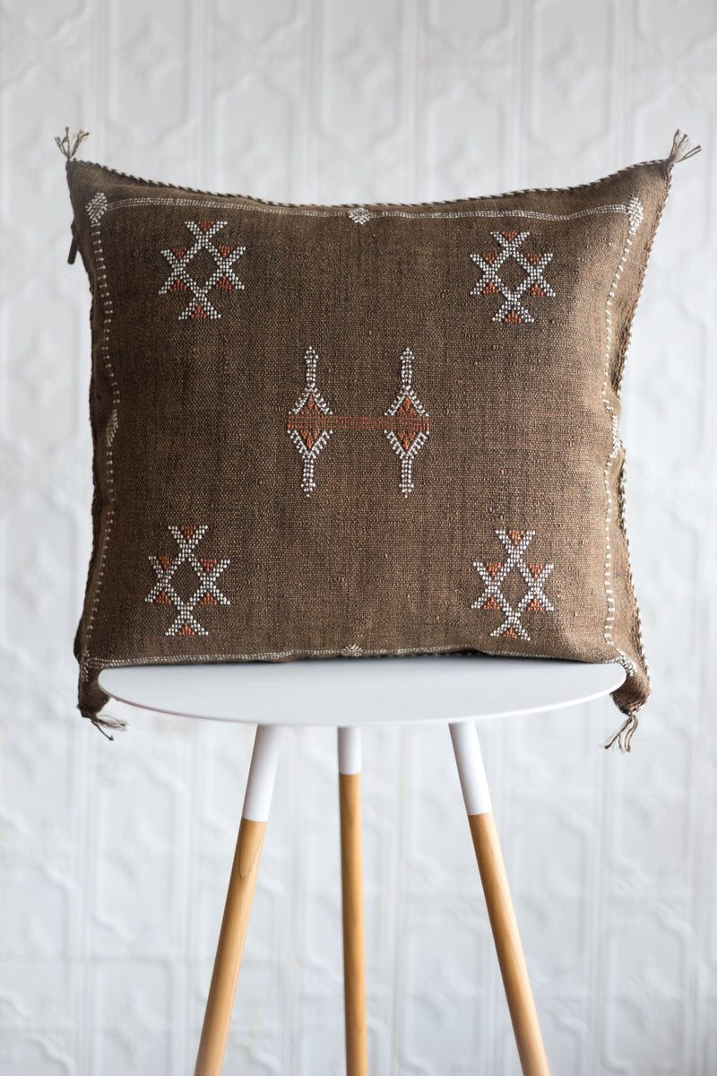 Brown Embroidered Moroccan "Sabra Cactus Silk" Pillow - 54