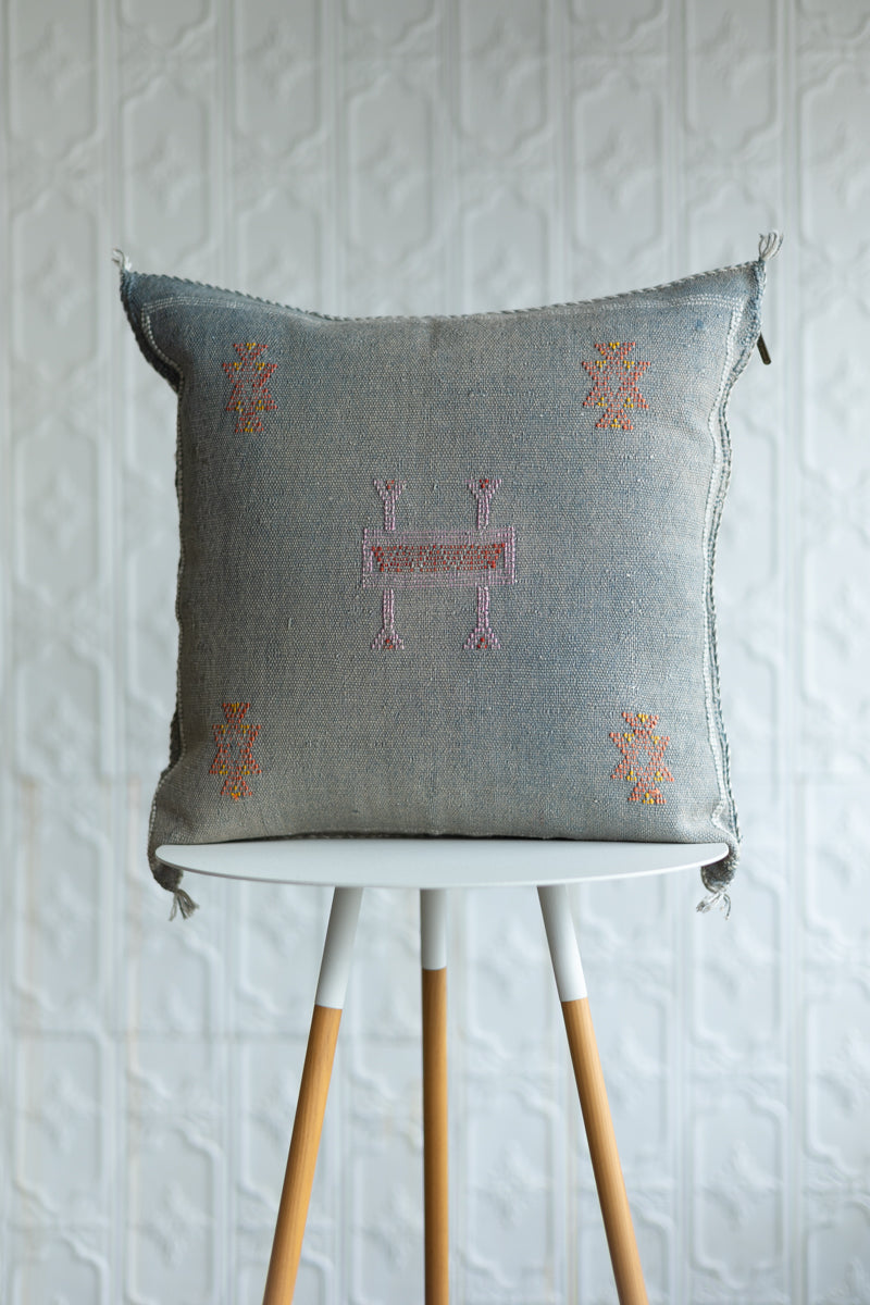Denim Blue-Grey Moroccan Sabra Cactus Silk Pillow - 89
