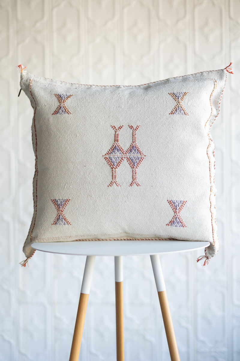 Set of 2 - White Embroidered Moroccan "Sabra Cactus Silk" Pillow - 110