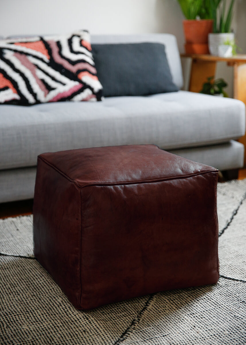 Cherrywood - Luxury Genuine Leather Cube Pouf - 20&quot; x 14&quot;inches