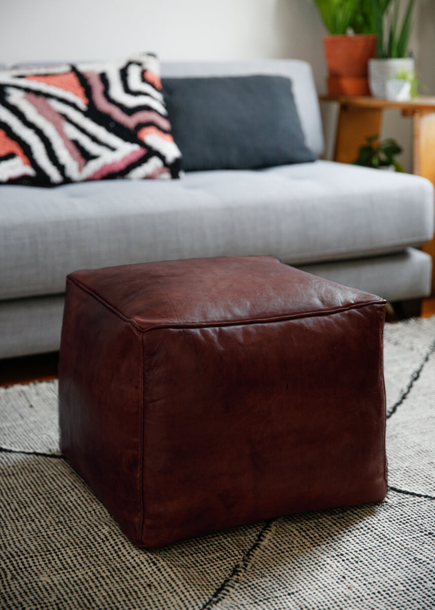 Cherrywood - Luxury Genuine Leather Cube Pouf - 20" x 14"inches